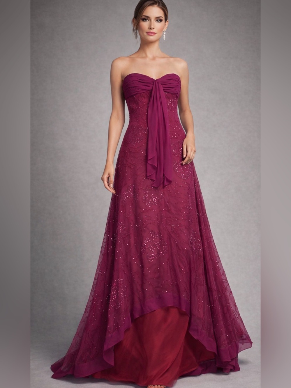 BCBGMaxAzria Strapless Ruched Chiffon Gown in Berry